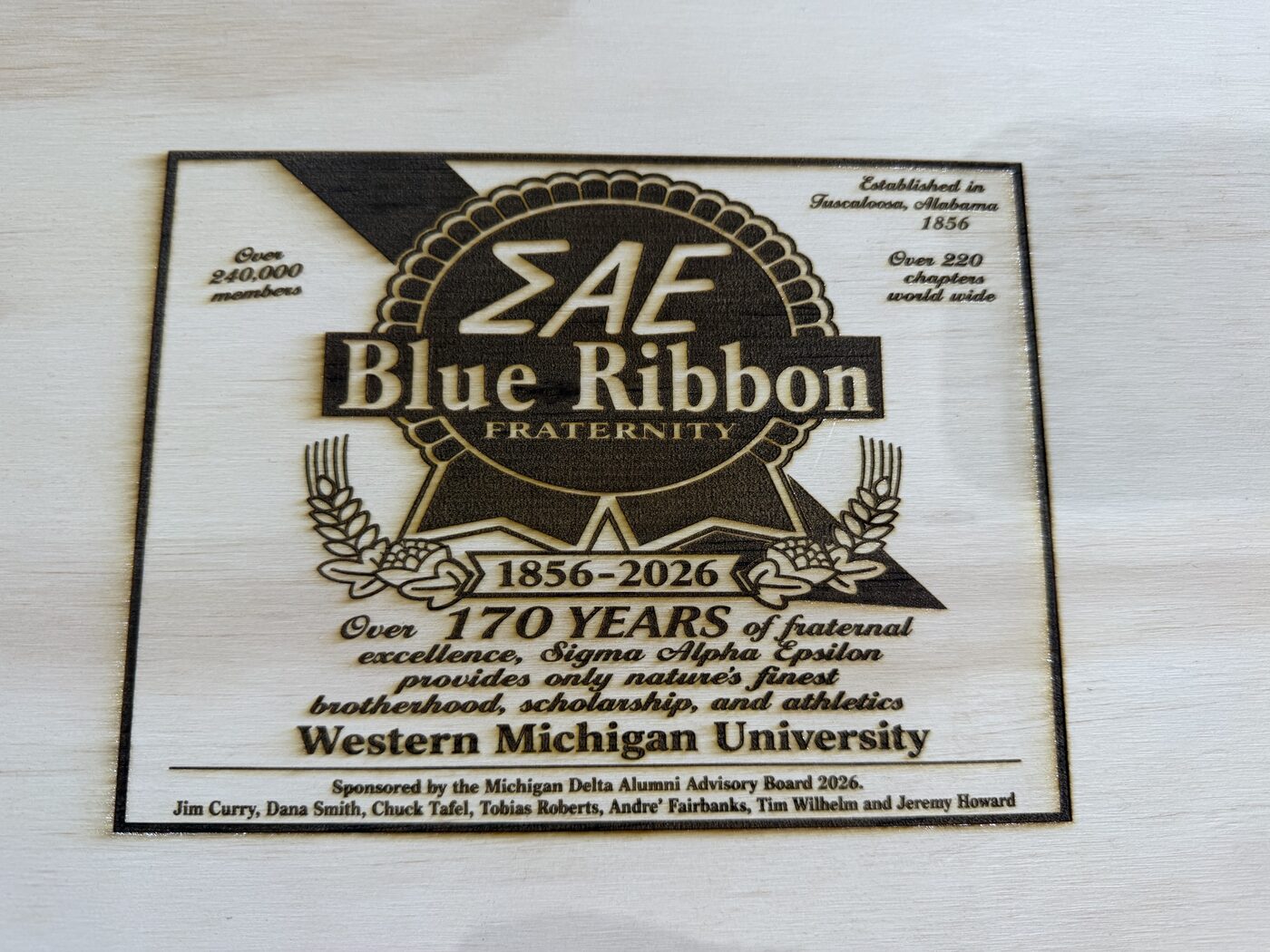 SAE Blue Ribbon Fraternity commemorative plaque, Michigan Delta